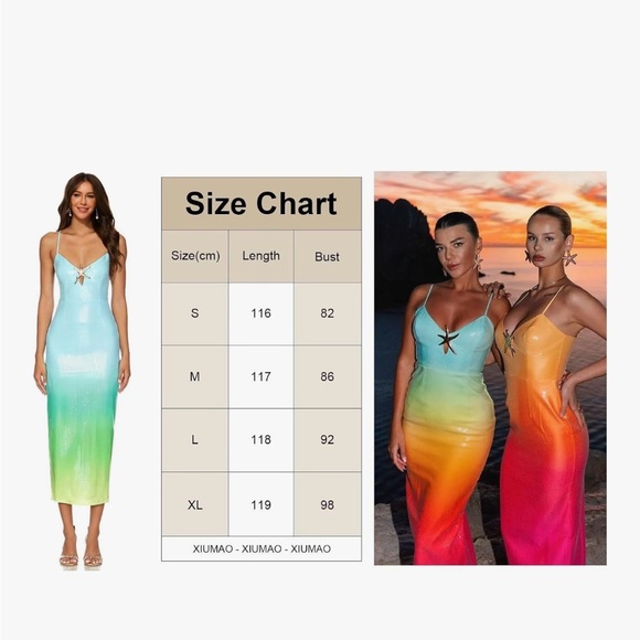 New Sunset Ombré Sequin Cocktail Dress Spaghetti Strap Starfish - Size L ❤️🔥 - Picture 7 of 16